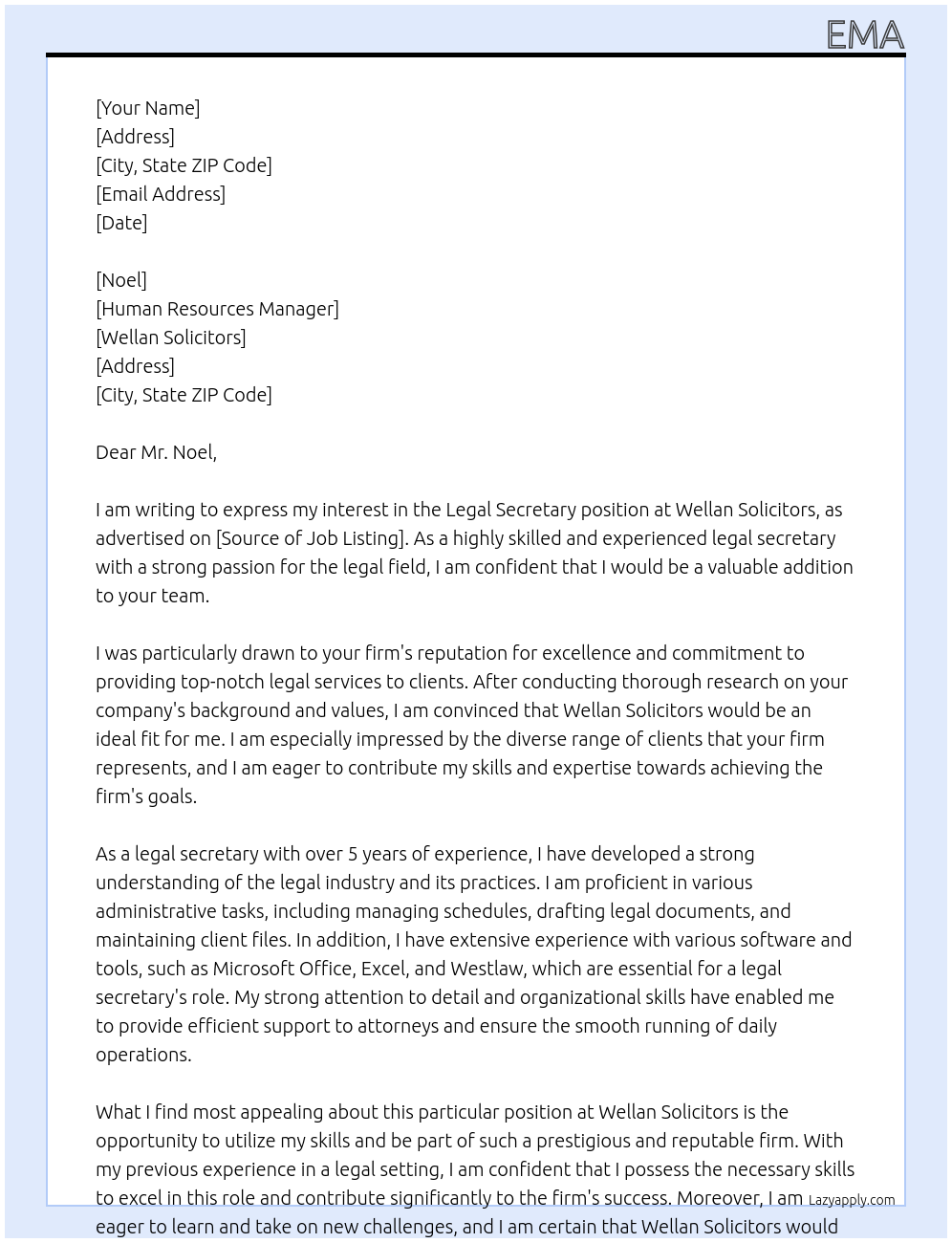 Legal secretary At Wellan solicitors Cover Letter