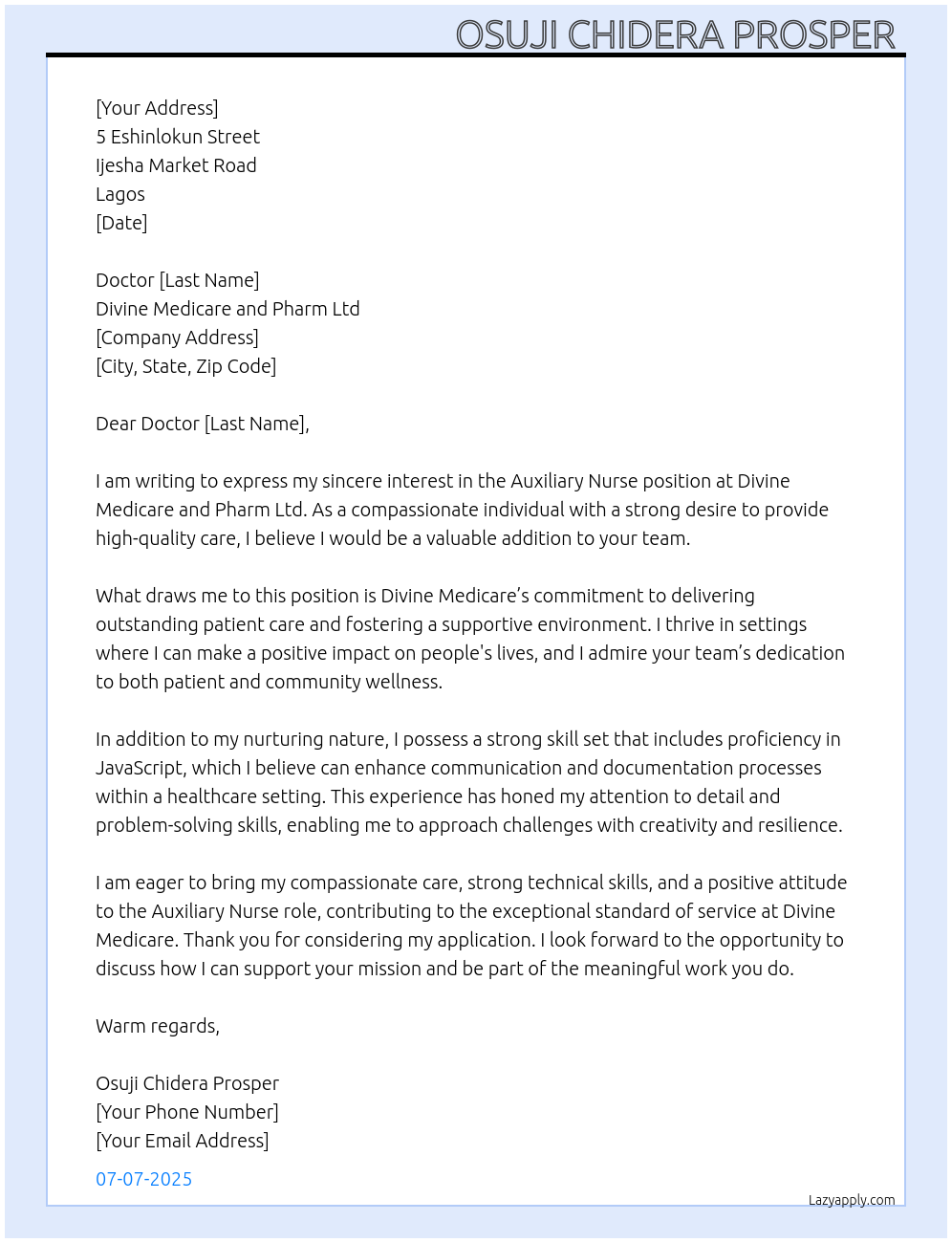 Auxiliary Nurse At DIVINE MEDICARE AND PHARM LTD Cover Letter