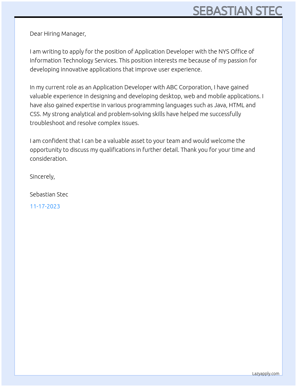 Application Developer At NYS Office of Information Technology Services Cover Letter