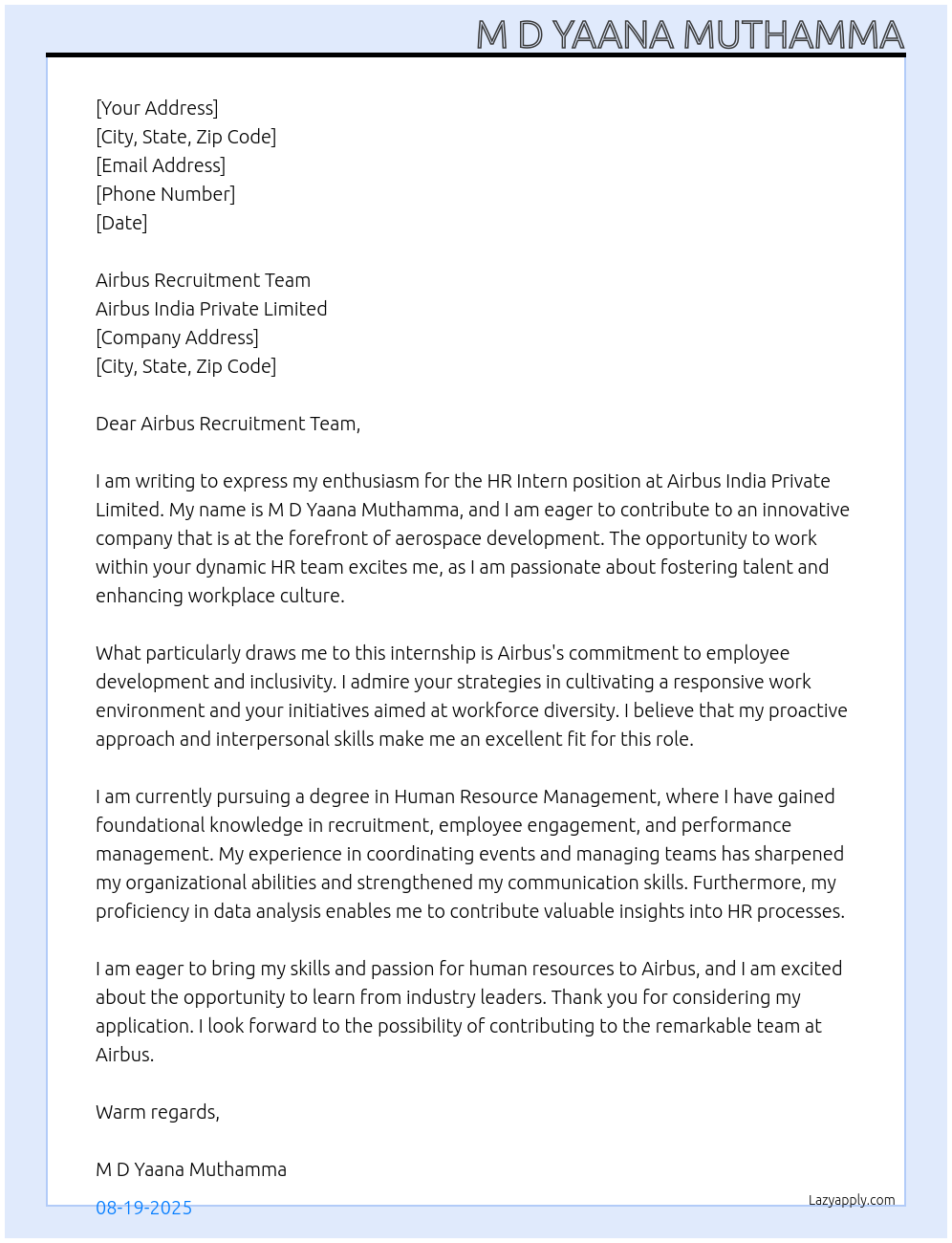 Cover letter for hr intern - LazyApply
