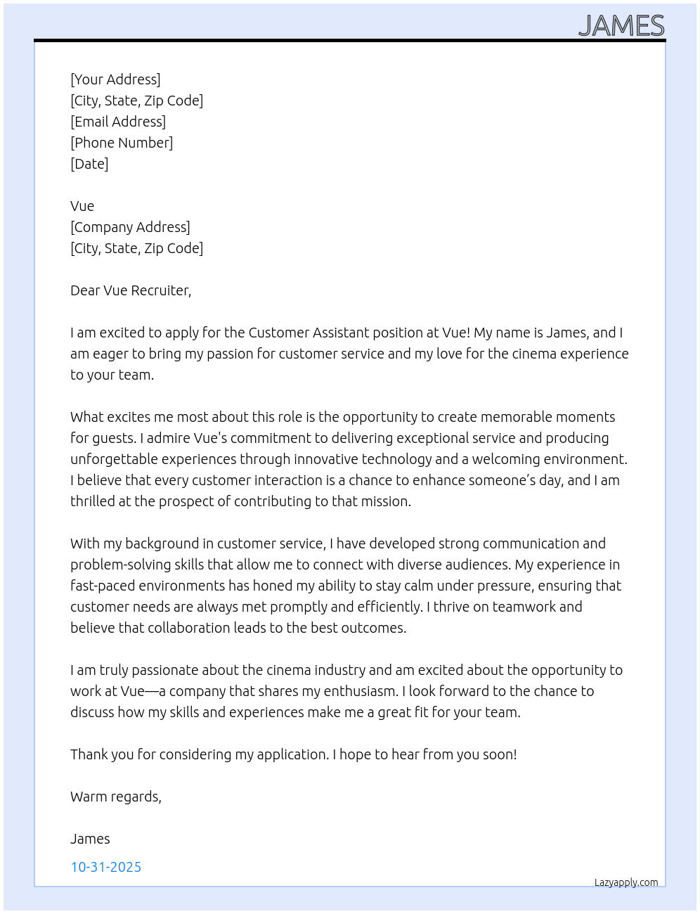 Cover letter for customer assistant - LazyApply