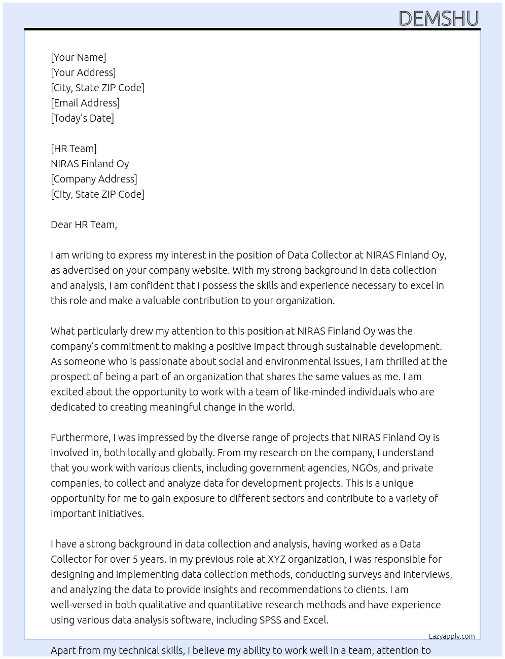 Data Collectors At NIRAS Finland Oy Cover Letter