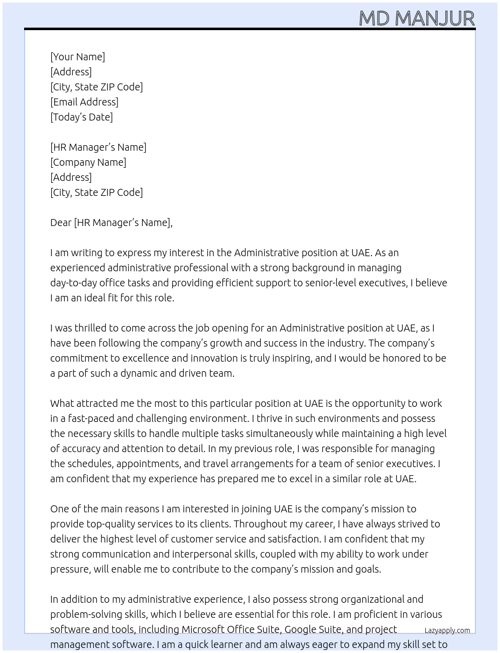 Administrative At UAE Cover Letter