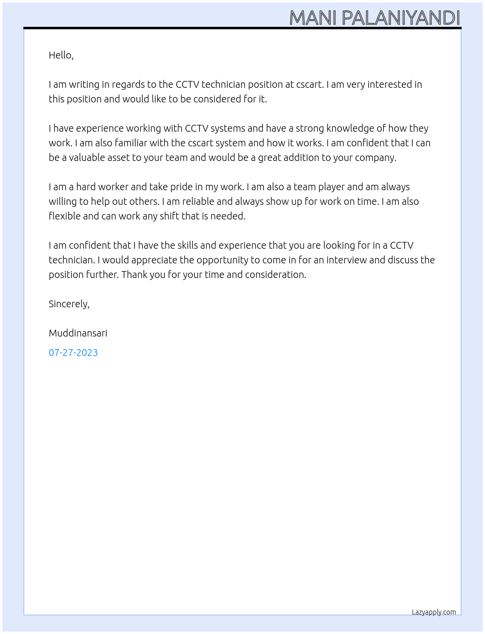 CCTV technician At cscart Cover Letter