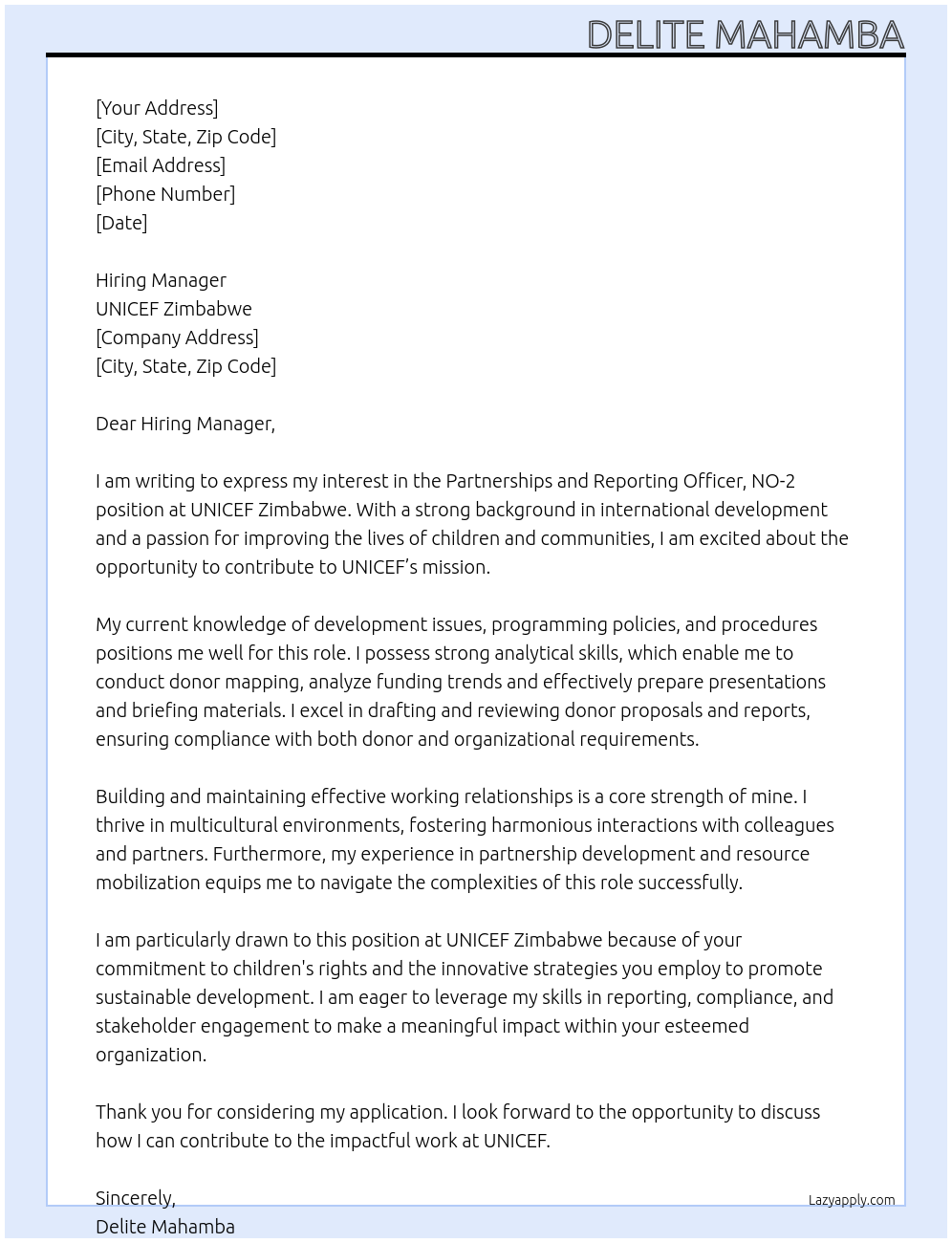 Partnerships and Reporting Officer, NO-2 At Unicef Zimbabwe  Cover Letter