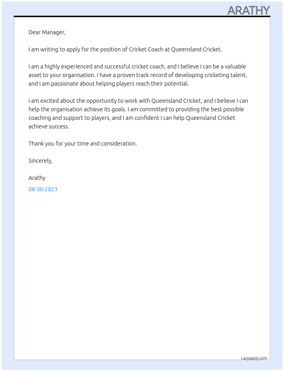 Cricket Coach At Queensland Cricket  Cover Letter