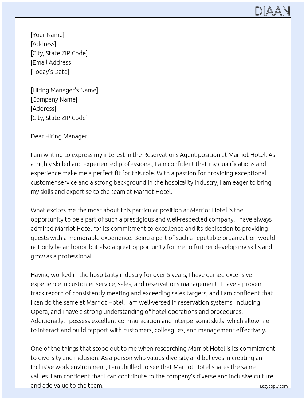 Reservations Agent  At Marriot Hotel Cover Letter