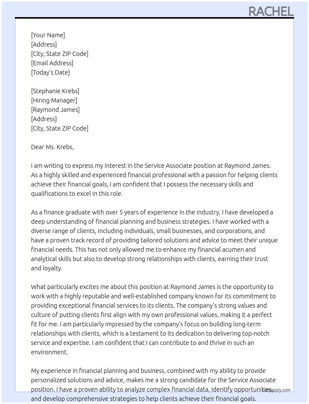Service Associate At Raymond James Cover Letter