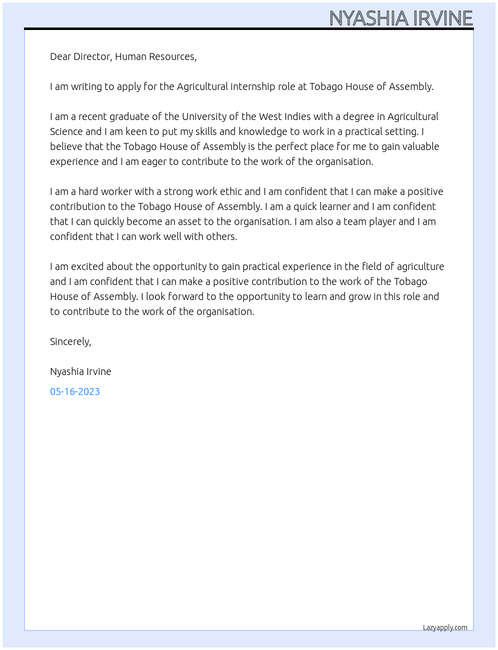 Agricultural internship At Tobago House of Assembly Cover Letter