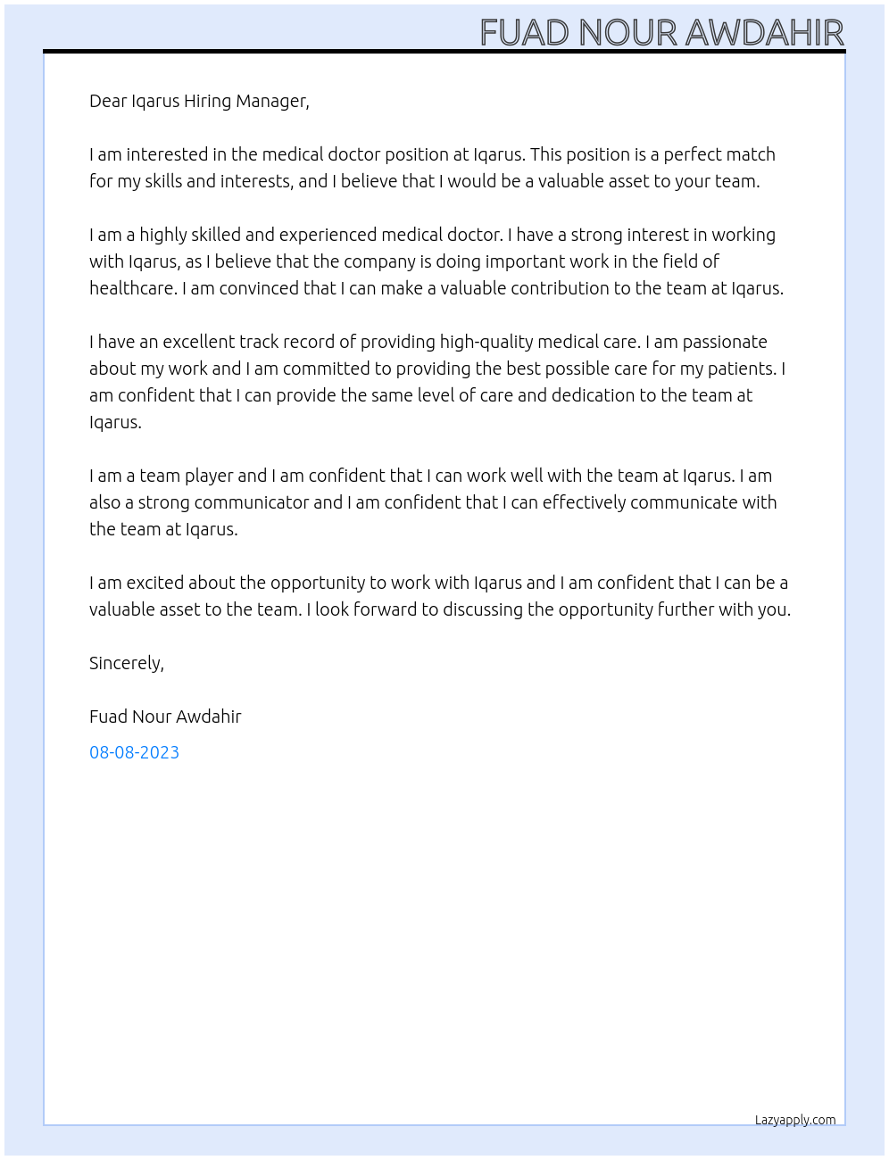 Medical doctor At Iqarus Cover Letter