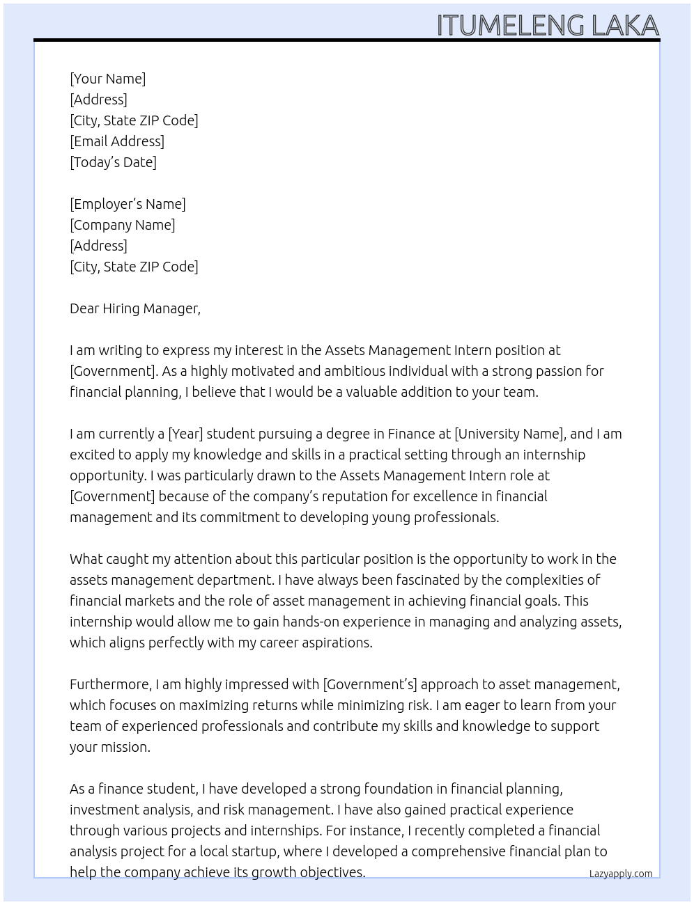 Cover letter for assets management intern - LazyApply
