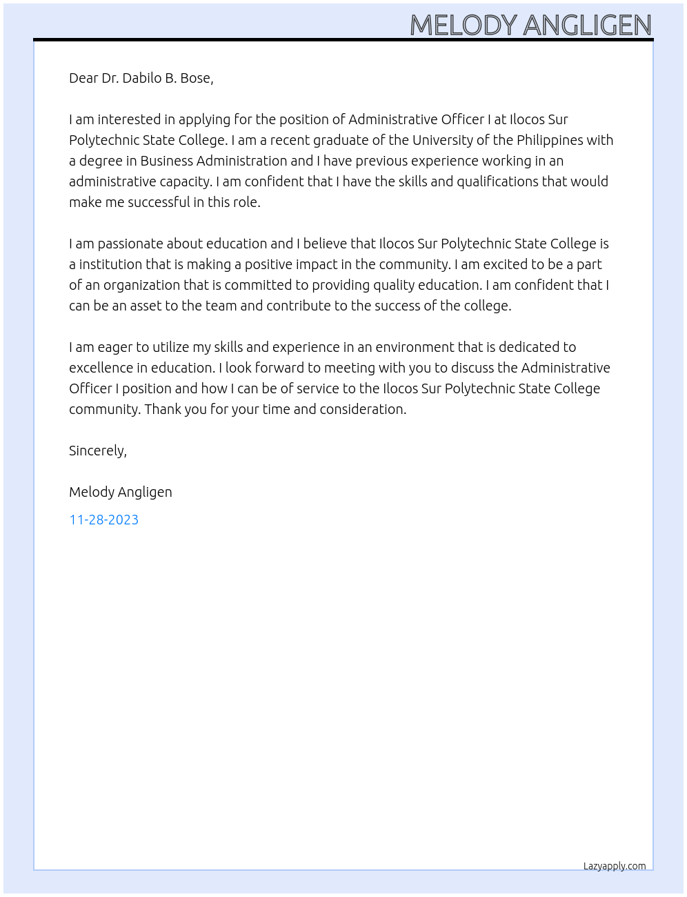 Administrative Officer I At Ilocos Sur Polytechnic State College Cover Letter