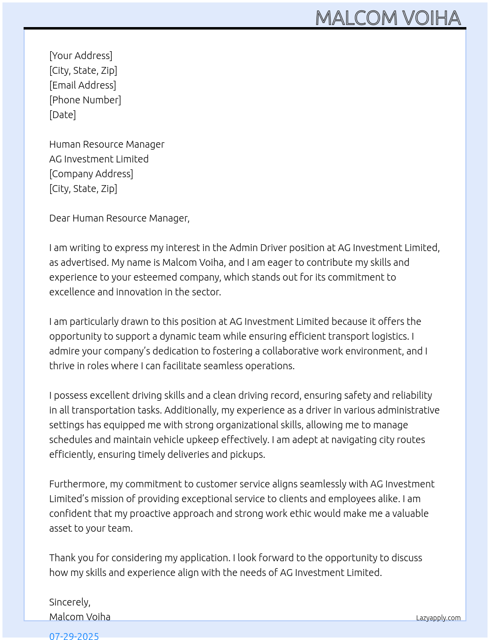 Admin Driver At AG investment limited  Cover Letter