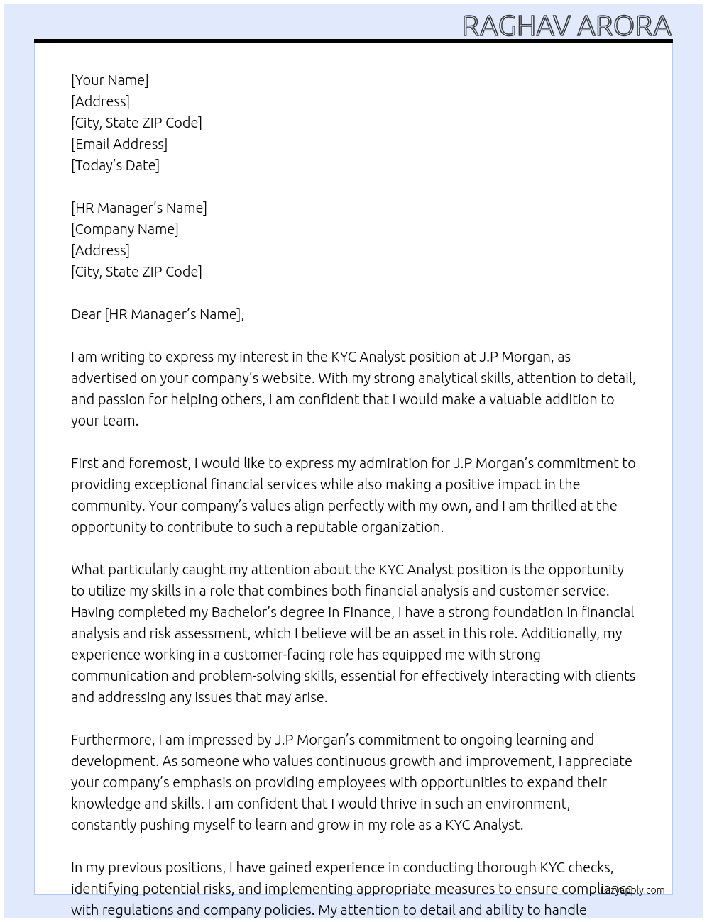 KYC Analyst At J.P Morgan Cover Letter