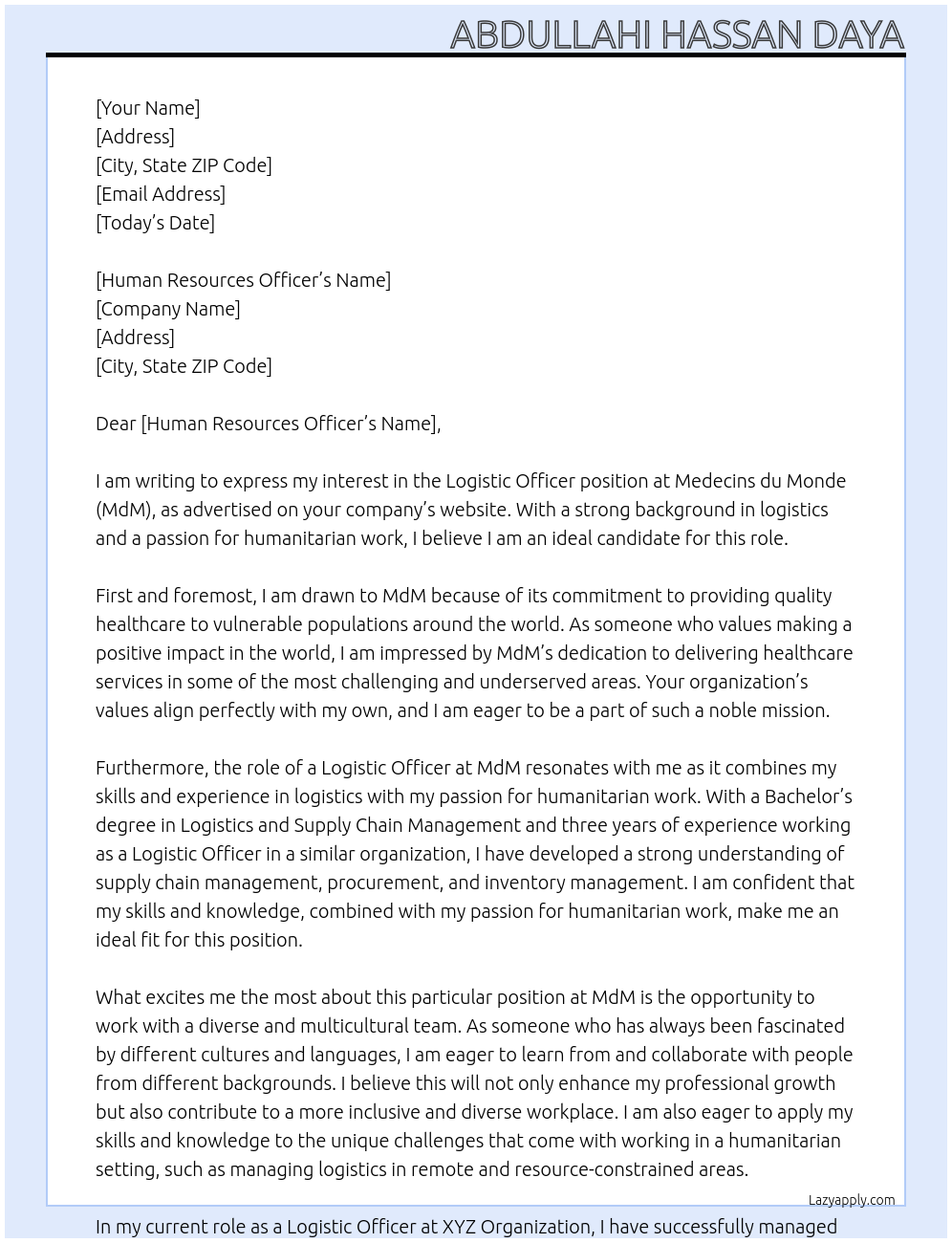 Logistic Officer At Medecins du Monde (MdM) Cover Letter