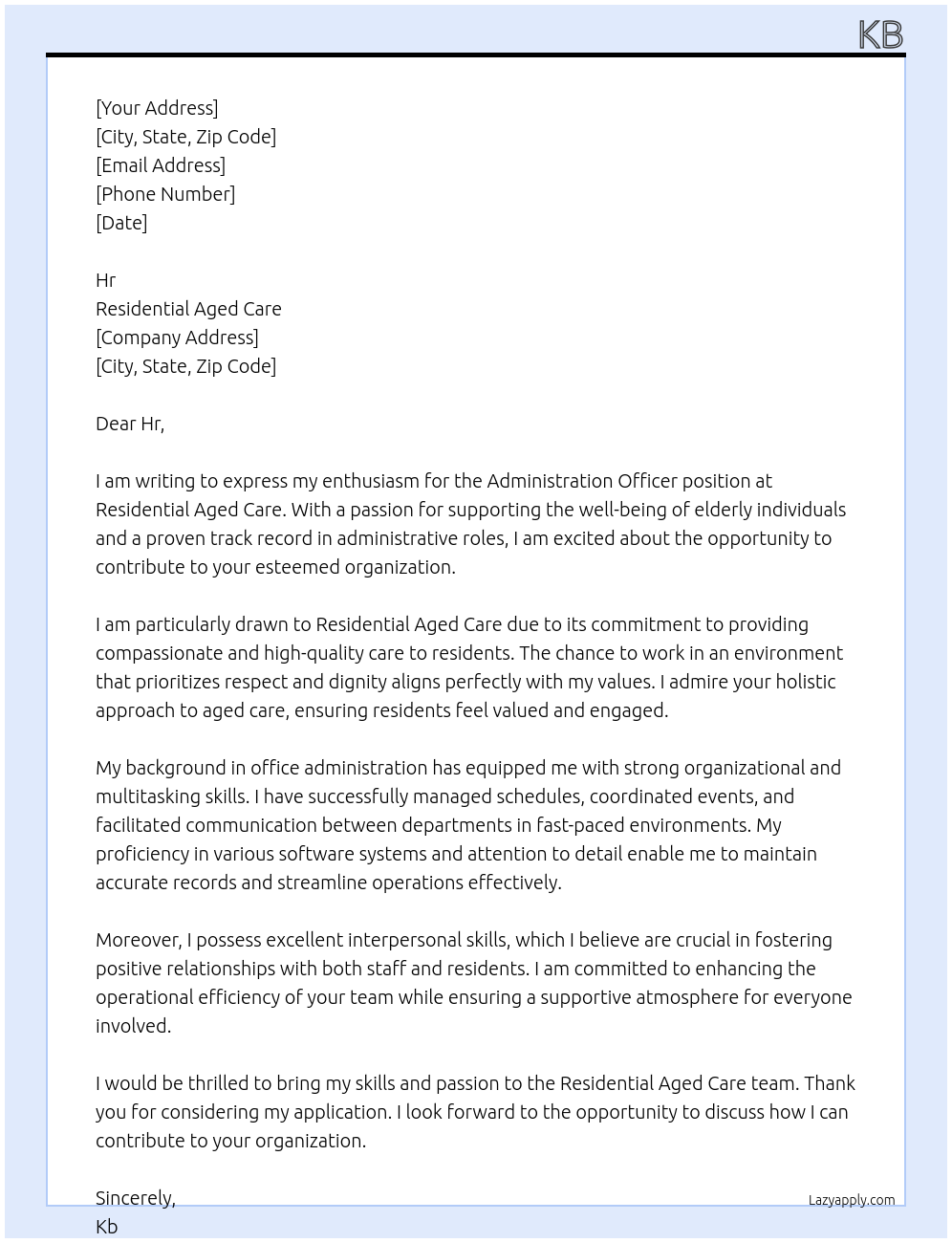 Administration officer At Residential aged care Cover Letter