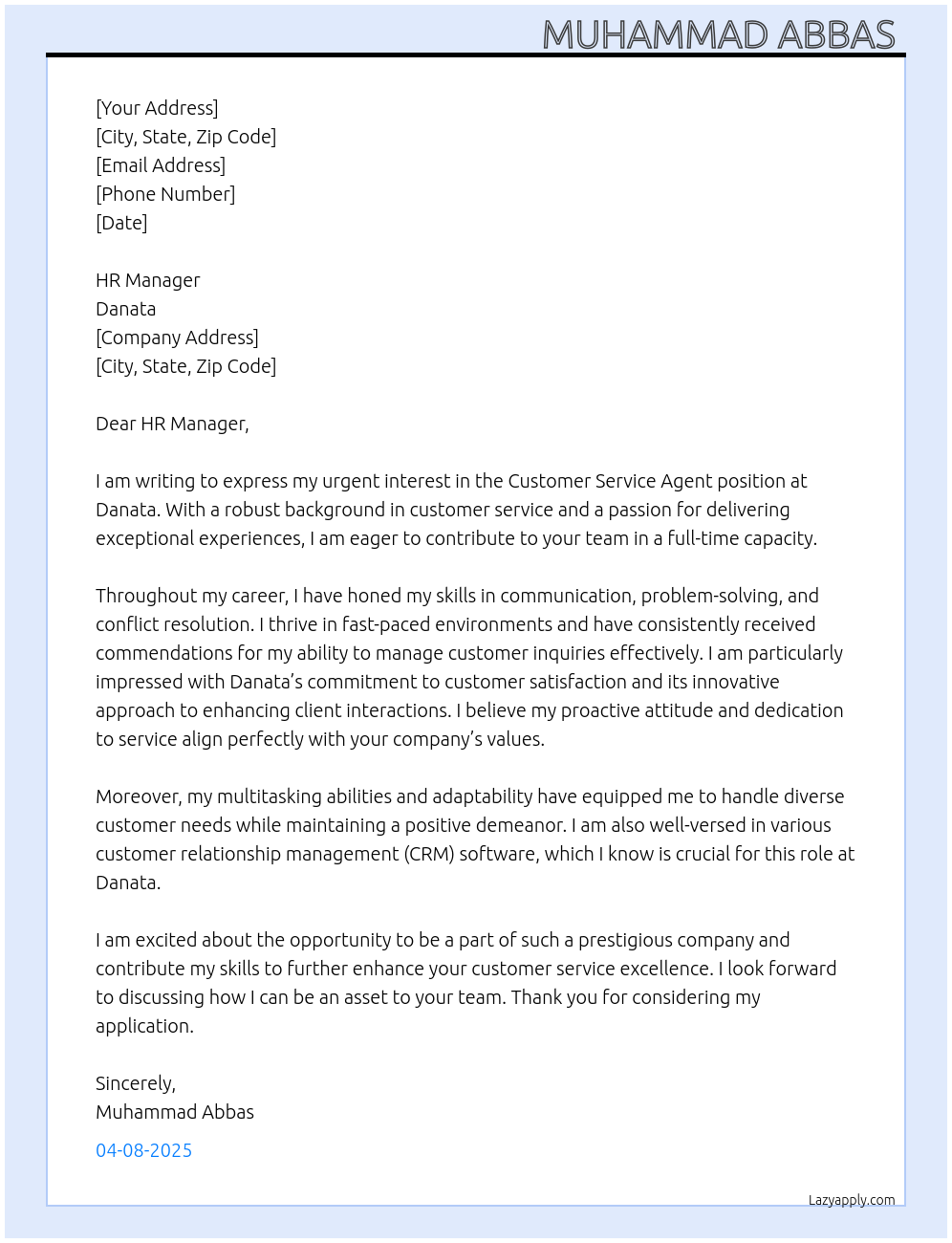 Customer service agent At Danata  Cover Letter