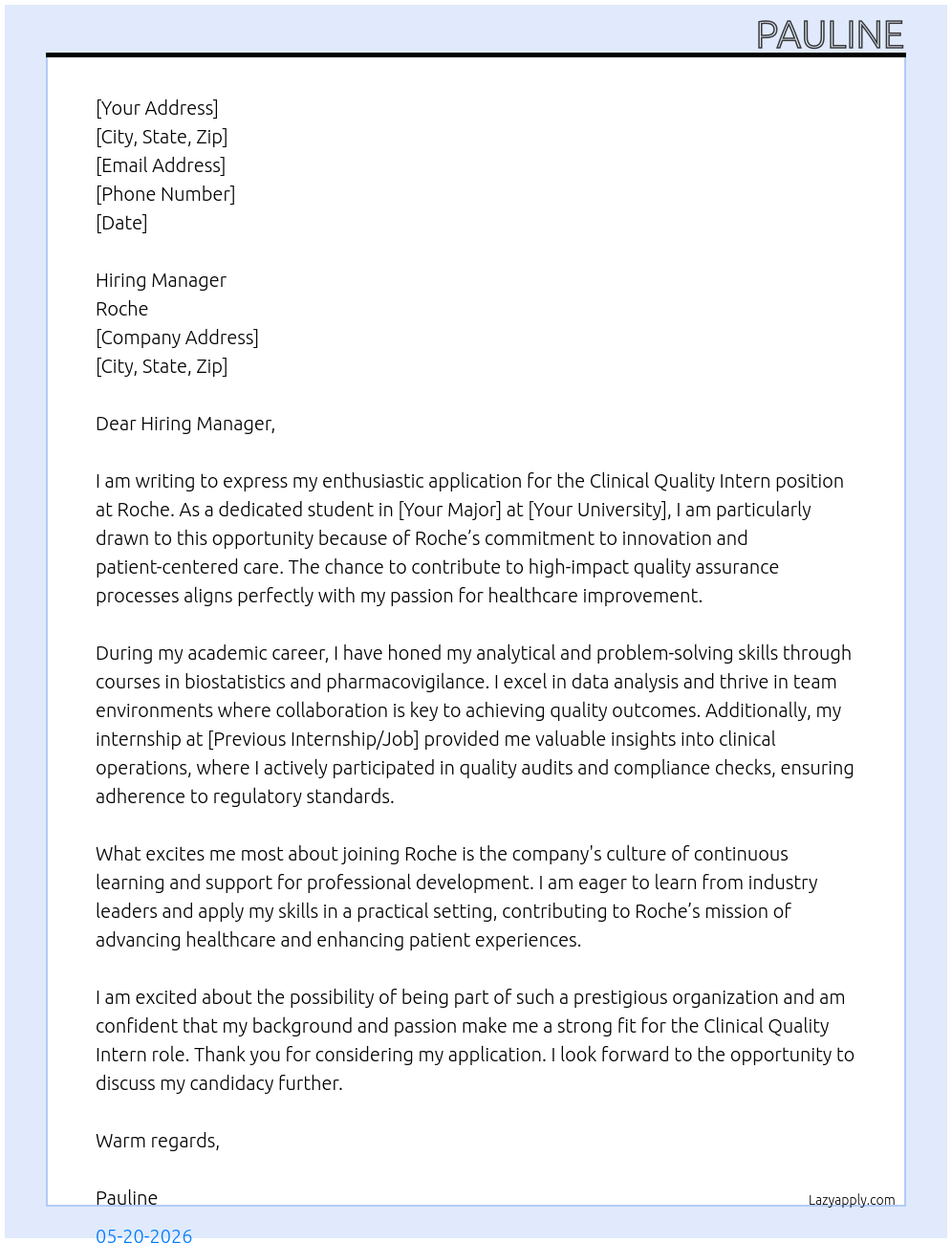 Clinical Quality Intern At Roche Cover Letter