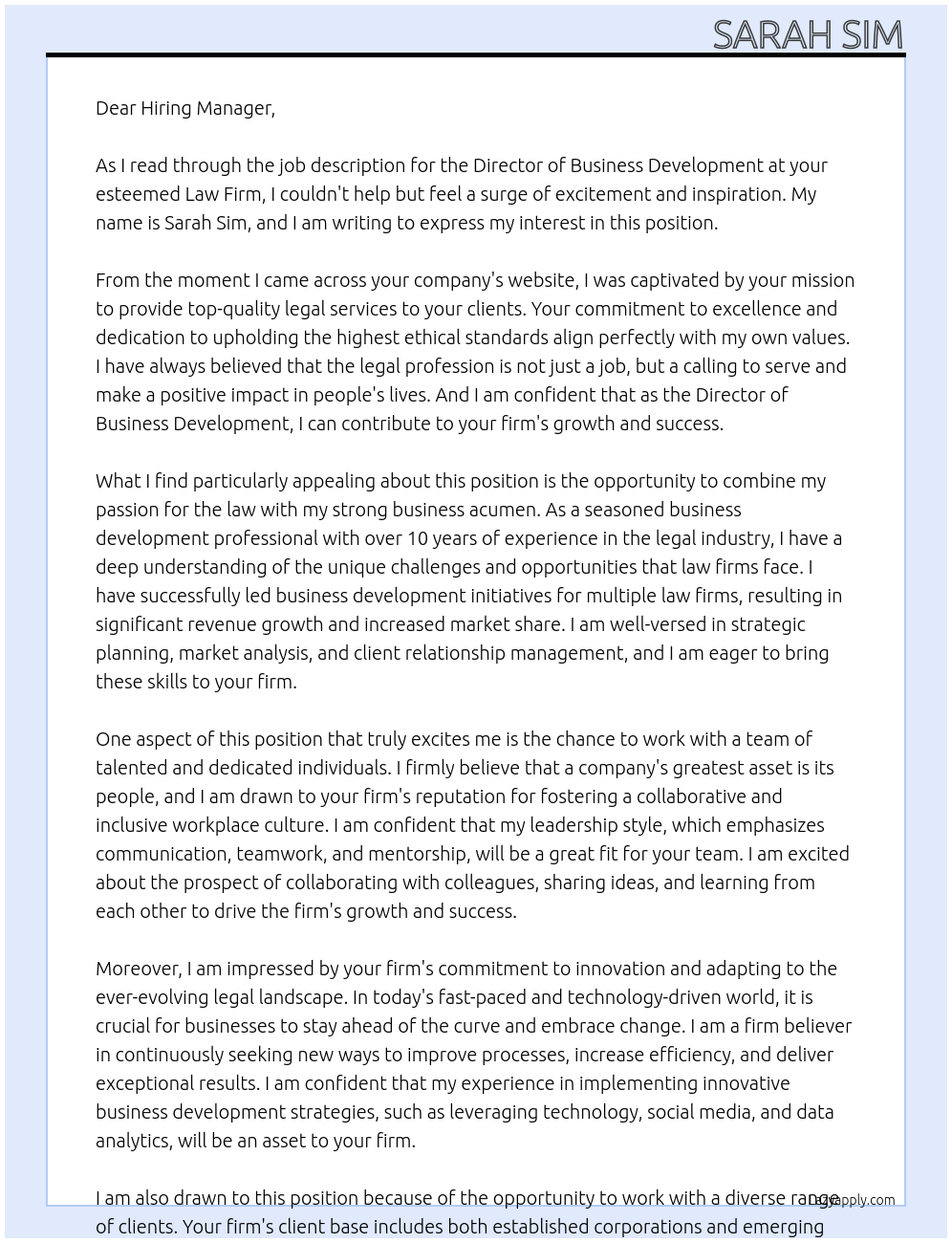 Cover letter for director of business development - LazyApply
