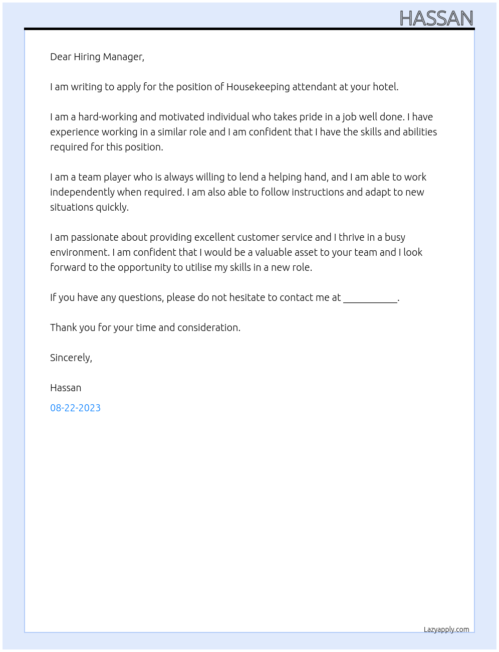 Housekeeping attendant  At Hotel  Cover Letter