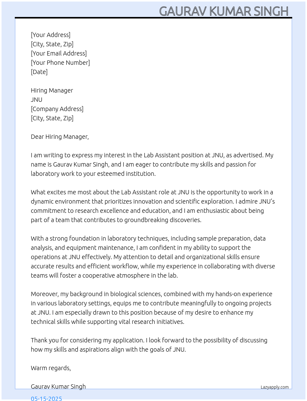 Lab assistant At JNU Cover Letter