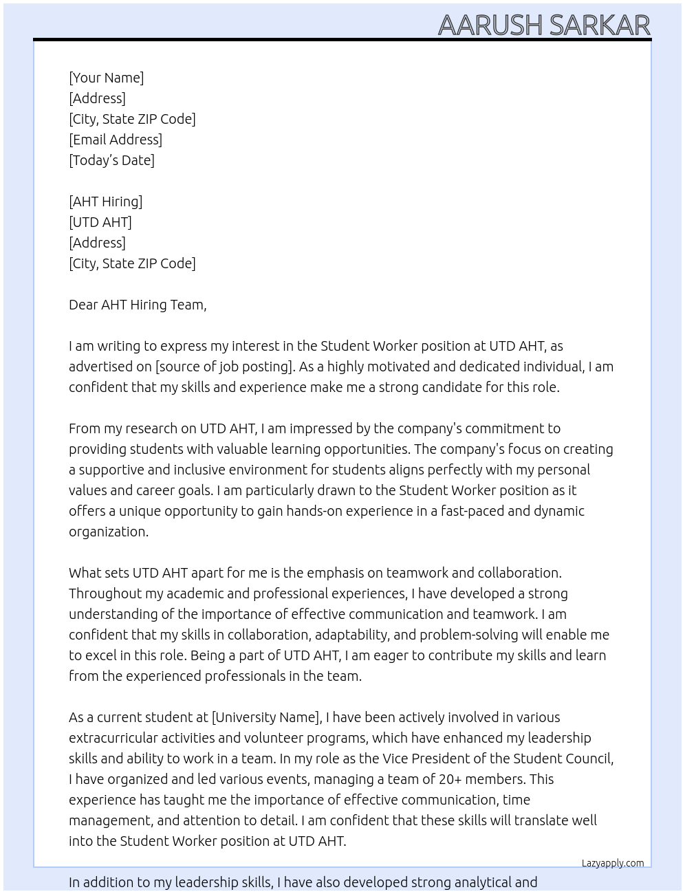 Student Worker At UTD AHT Cover Letter