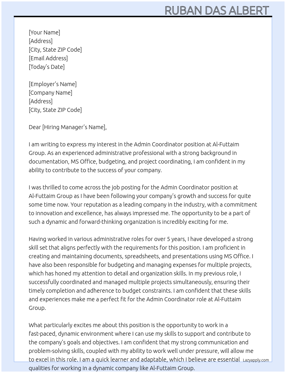 Admin coordinator At Al-Futtaim Group Cover Letter
