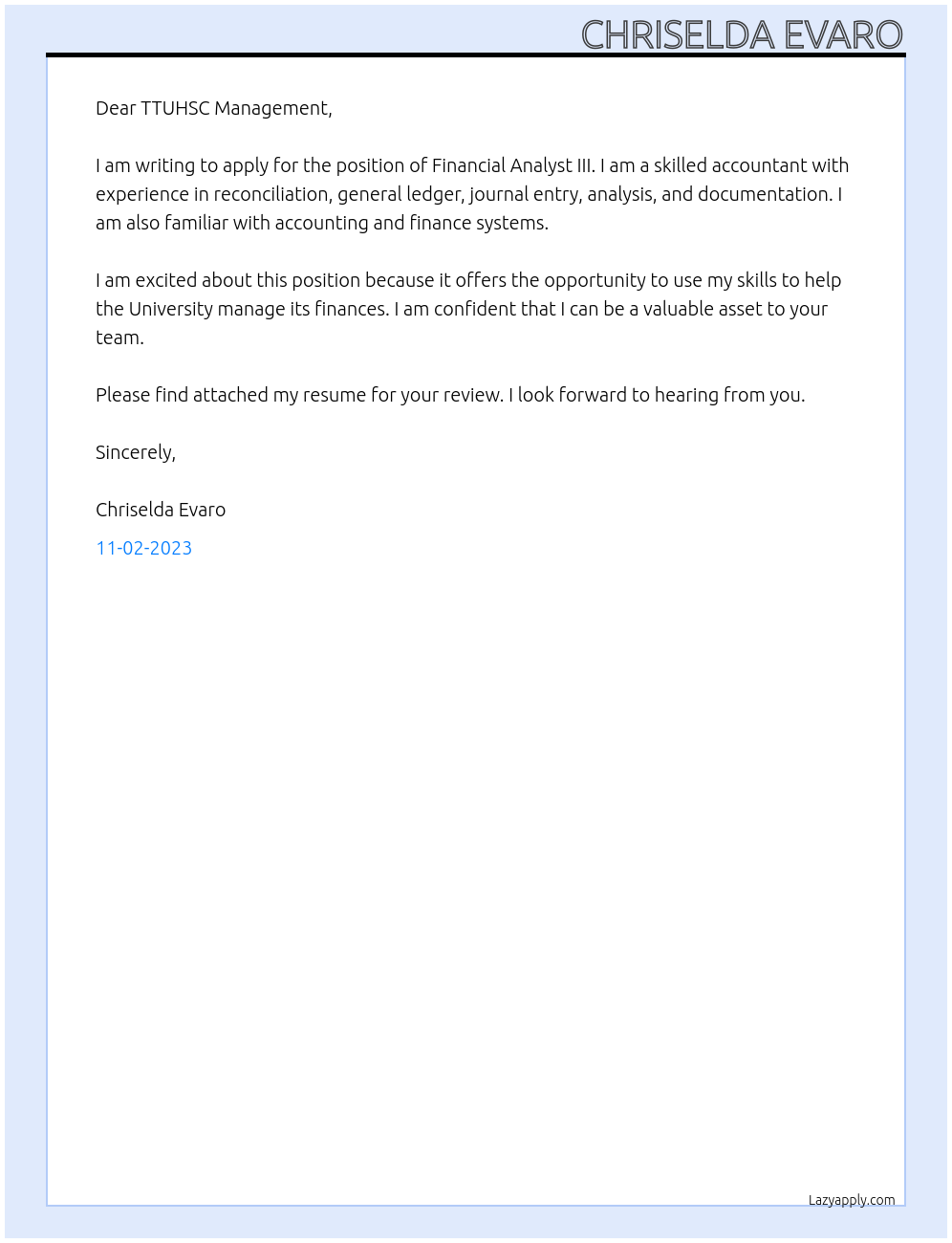 Financial Analyst III At Texas Tech University Health Sciences Center Cover Letter