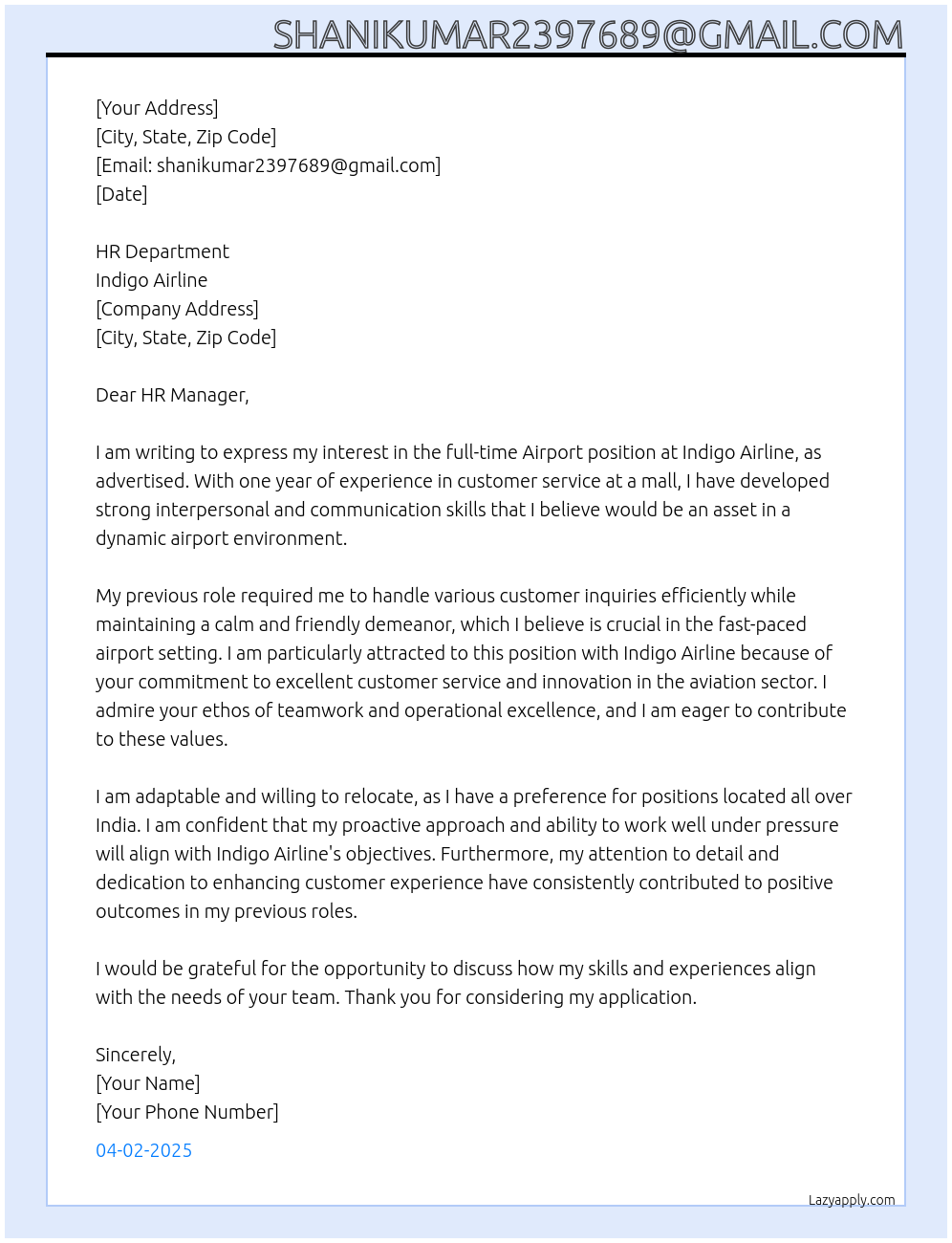 Airport At Indigo Airline Cover Letter
