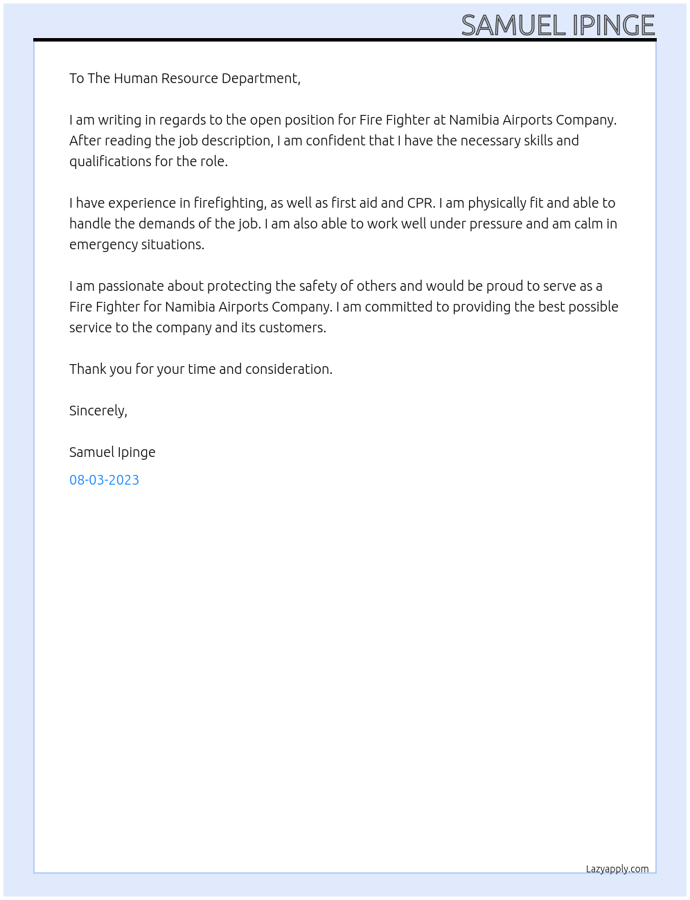 Fire Fighter At Namibia Airports Company Cover Letter