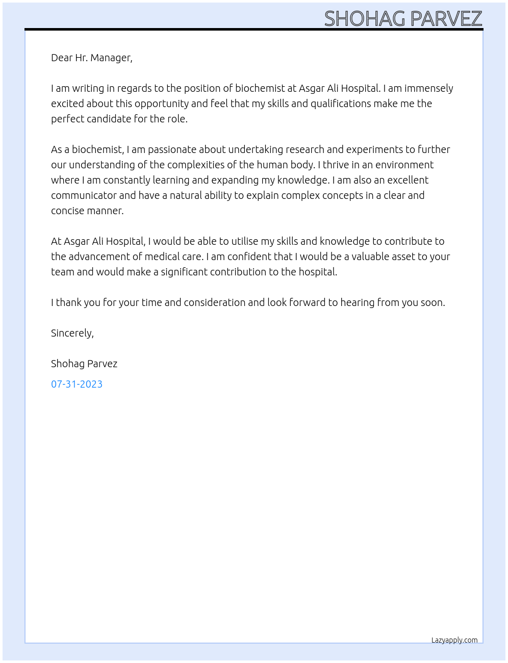 biochemist At Asgar Ali Hospital Cover Letter