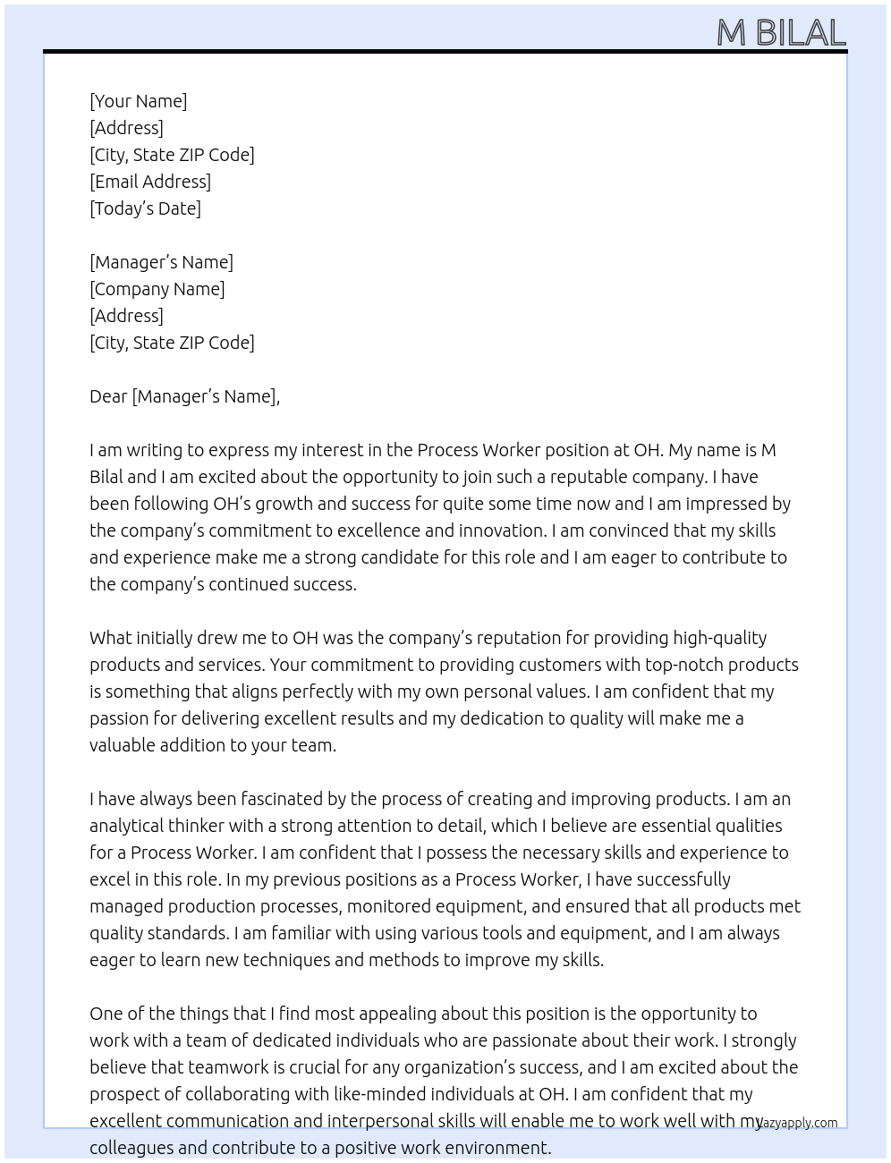 process worker At OH Cover Letter