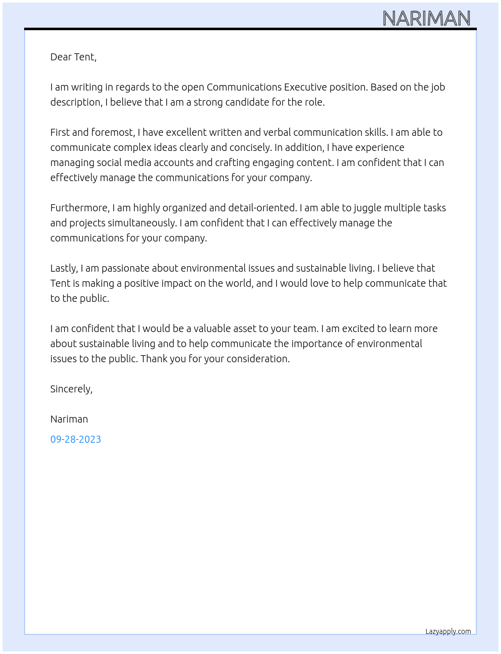 Communications Executive At Tent Cover Letter