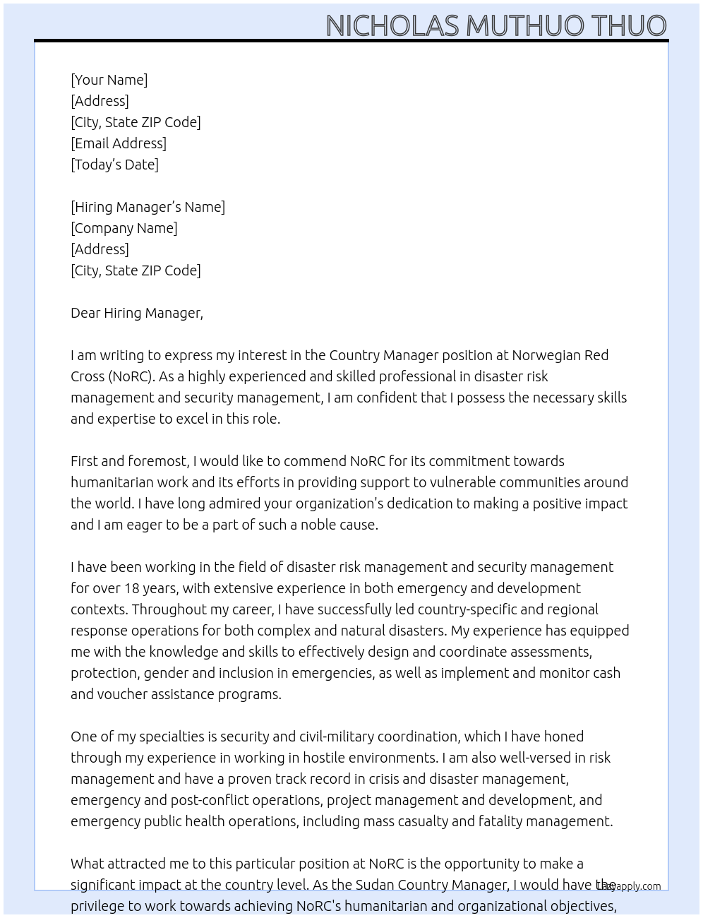 Country Manager At Norwegian Red Cross (NoRC)  Cover Letter