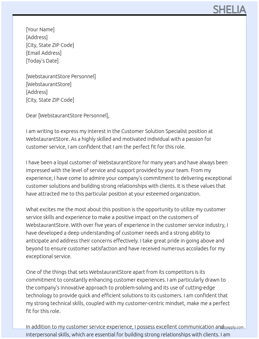 Customer Solution Specialist At WebstaurantStore Cover Letter