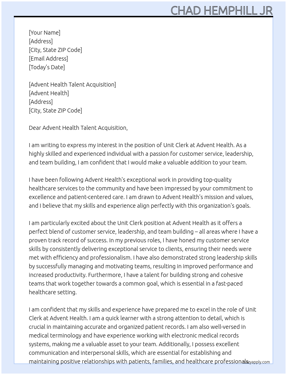Unit Clerk At Advent Health Cover Letter