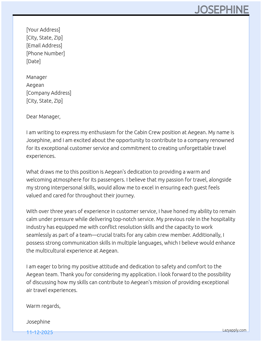 CABIN CREW At AEGEAN Cover Letter