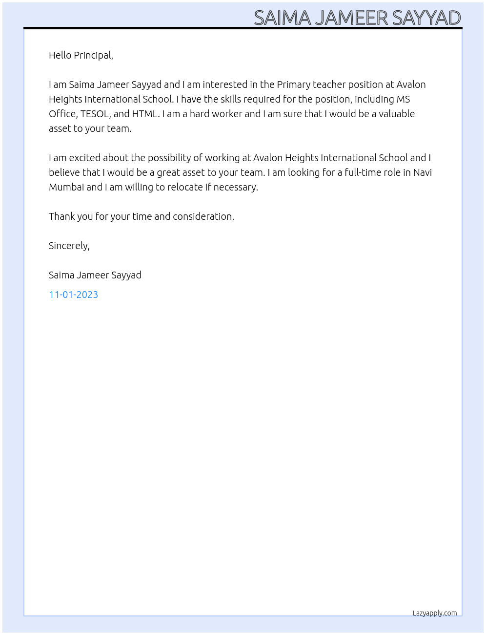 Primary teacher At Avalon Heights International School Cover Letter