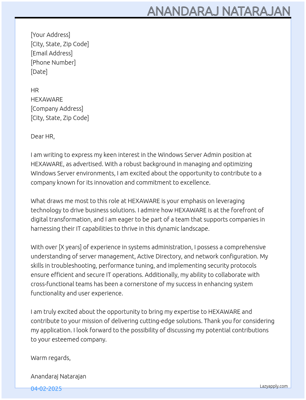 Cover letter for windows server admin - LazyApply