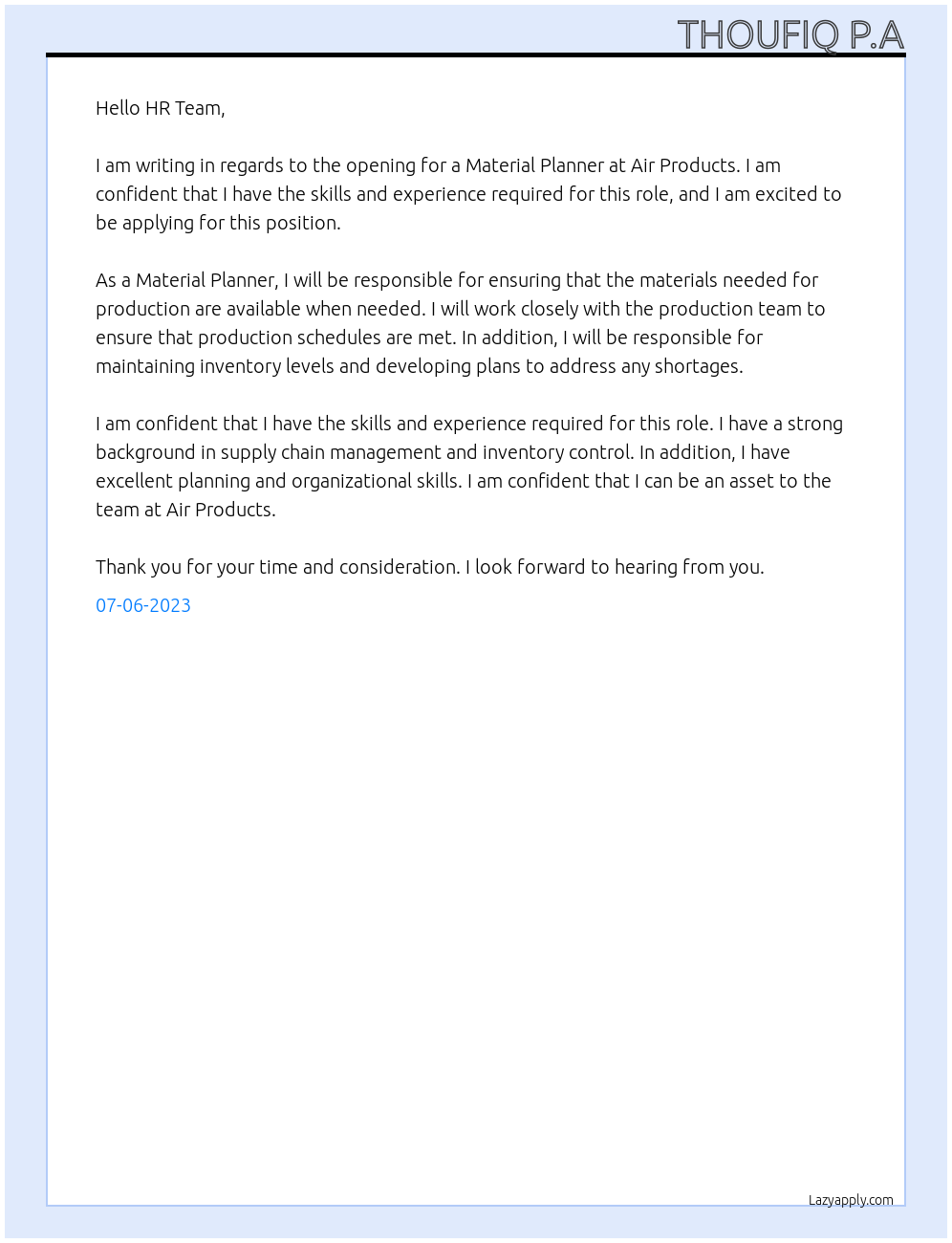 Material Planner At AIR PRODUCTS Cover Letter