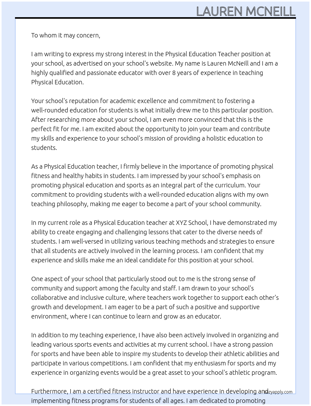 Physical Education teacher At your school Cover Letter