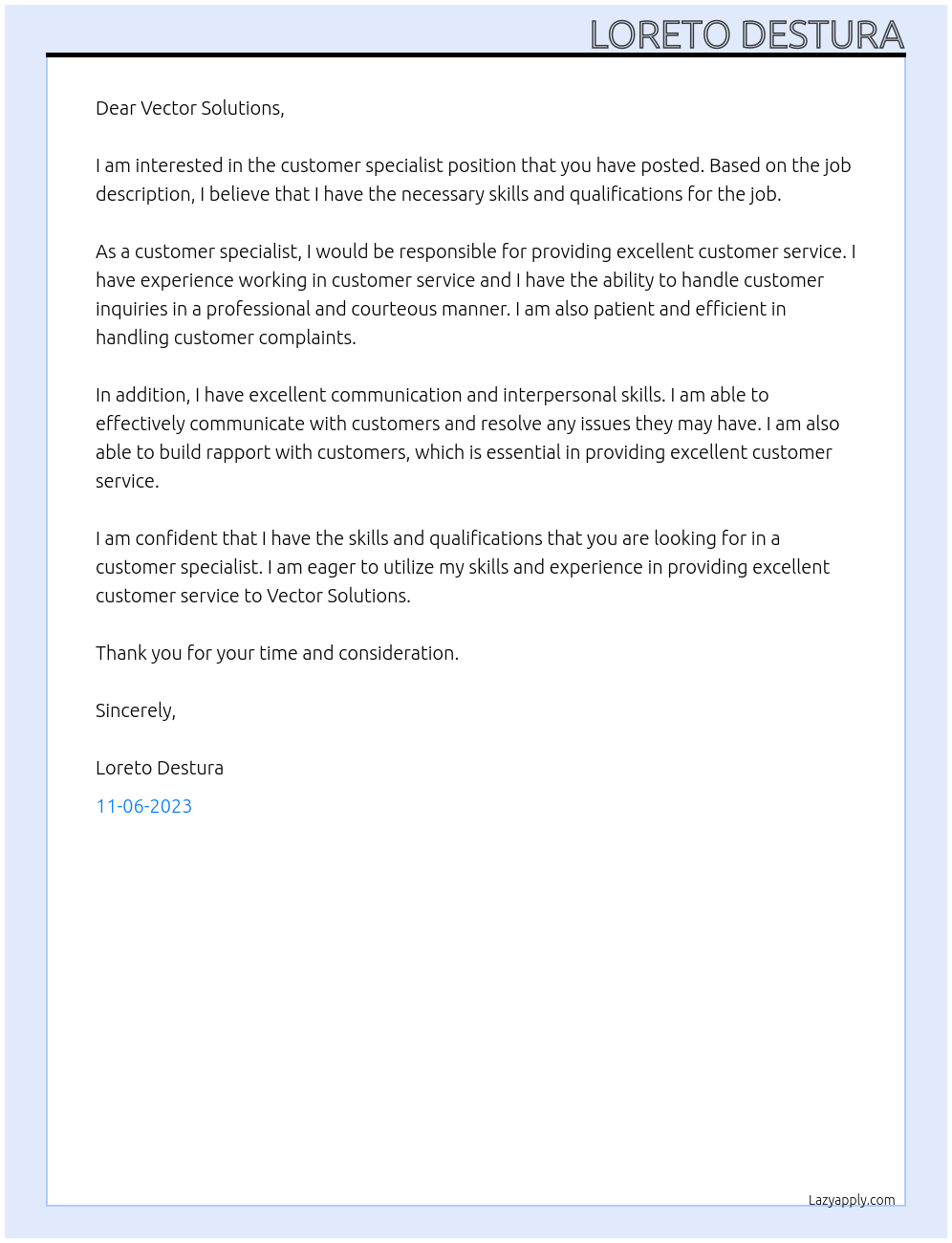 customer specialist At vector solutions Cover Letter