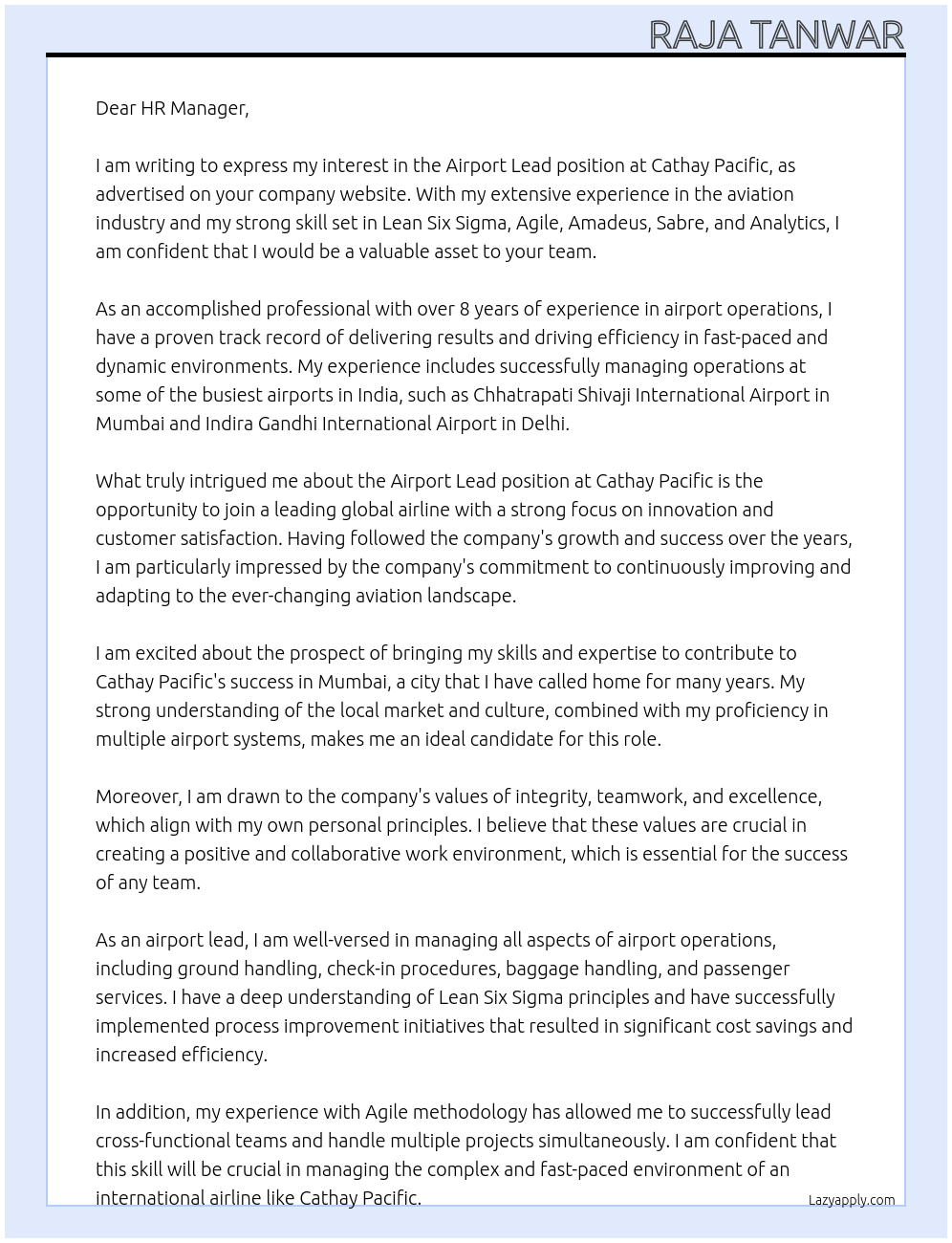 Airport Lead At Cathay Pacific Cover Letter