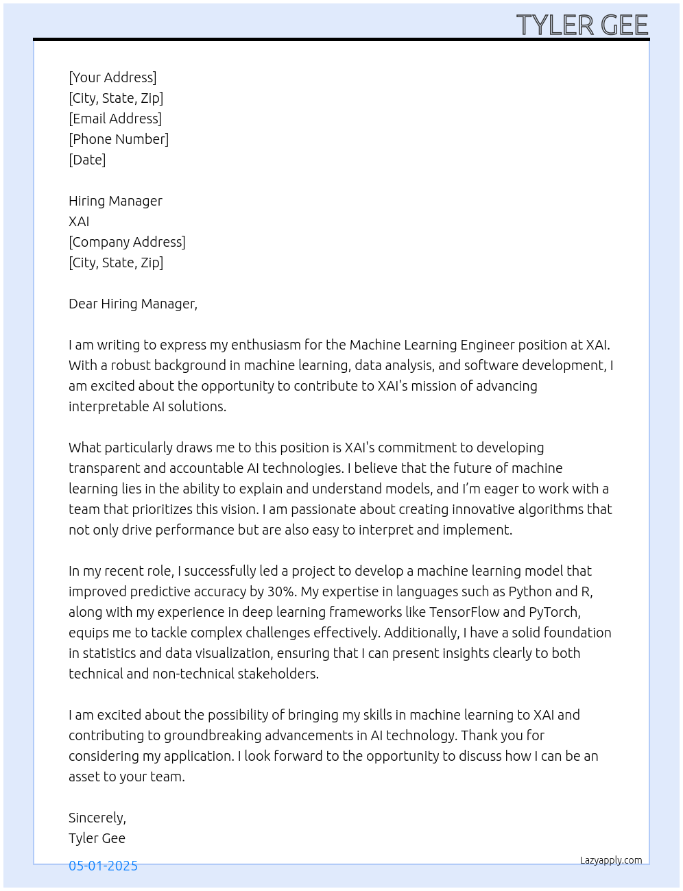 Machine Learning Engineer At xai Cover Letter