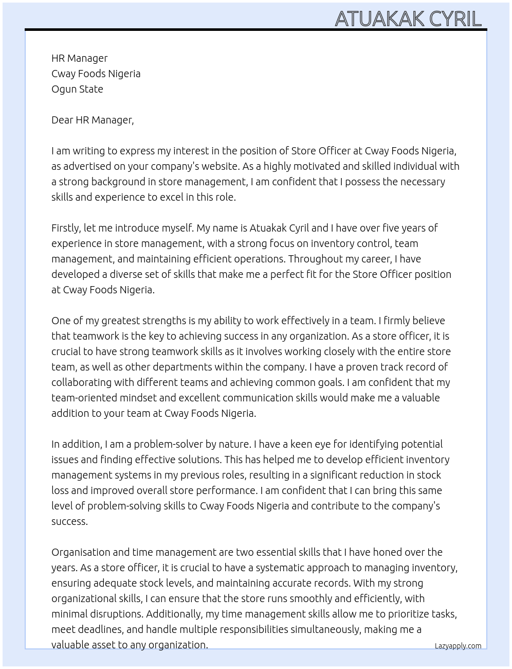 Store Officer At Cway Foods Nigeria Cover Letter