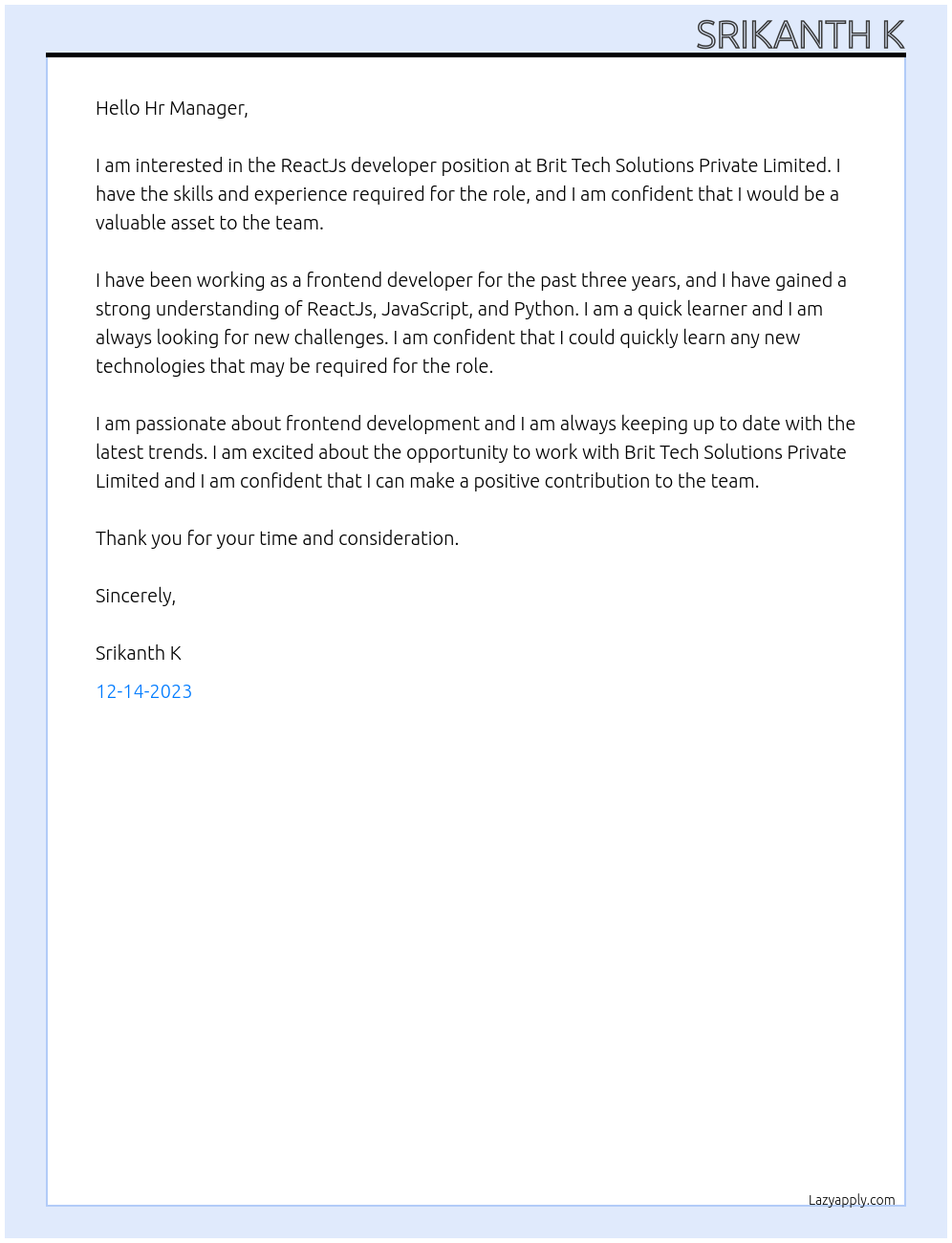 ReactJs developer At Brit Tech Solutions Private Limited Cover Letter
