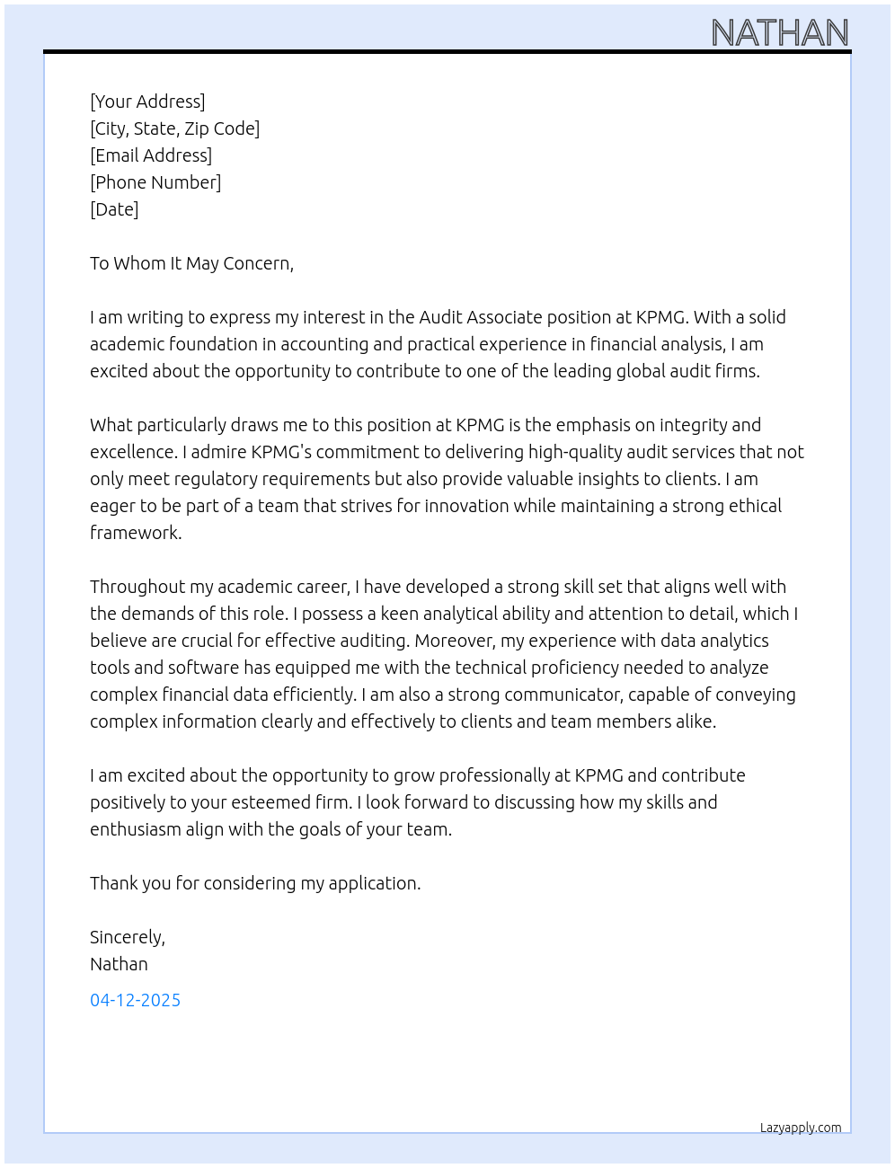 Audit Associate At KPMG Cover Letter