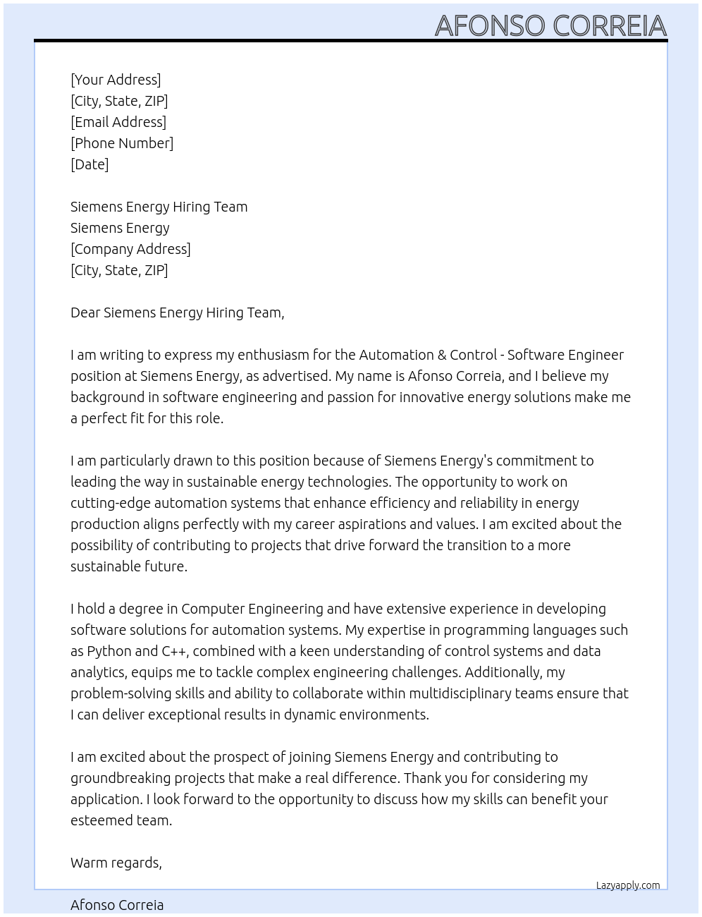 Automation & Control - Software Engineer At Siemens Energy Cover Letter