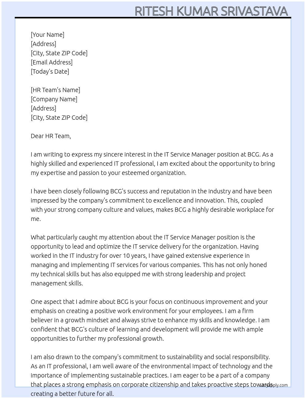 IT service manager  At BCG Cover Letter