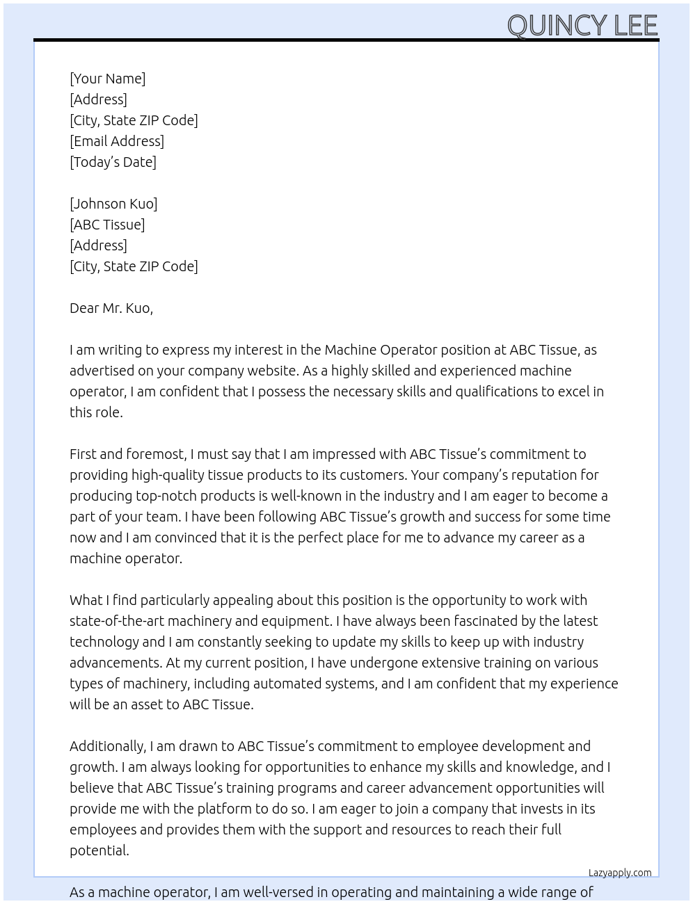 Machine operator At ABC Tissue Cover Letter